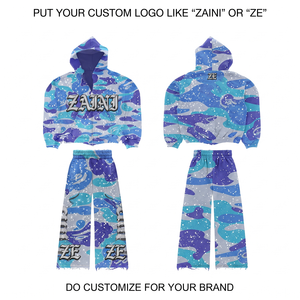 Conjunto Deportivo de Camuflaje Azul Gris Morado de Felpa de Algodón y Poliéster de 320 GSM con Logotipo Personalizado y Estampado por Sublimación - Product Image 1