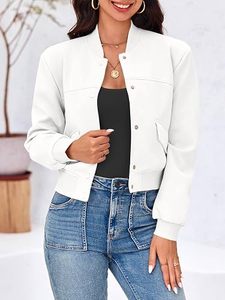Chaqueta Bomber Blanca para Mujer, Color Sólido, Manga Larga, Cierre de Botones, Prenda Exterior Informal, Diseño Corto con Bolsillos de Parche - Product Image 3
