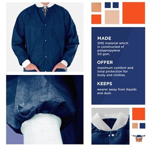 Giacca Unisex X-Large PPE giacca da laboratorio da 32 pollici usa e getta con bottoni da lavoro True Blue camicie da SMS da 50 Gsm con 3 tasche polsini in maglia - Product Image 3