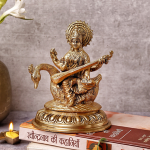 Statue en laiton faite à la main Sculpture du dieu hindou Saraswati sur Hans religieux spirituel décor à la maison cadeau fabriqué à la main déesse Figurine - Product Image 2