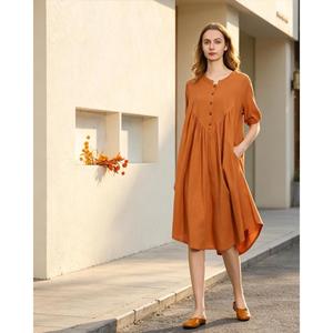 Vestido Maxi de Lino y Algodón Liso Naranja de Lujo con Cuello en V Abotonado, Ajuste Holgado, Manga Corta, Vestido Casual de Verano - Product Image 1