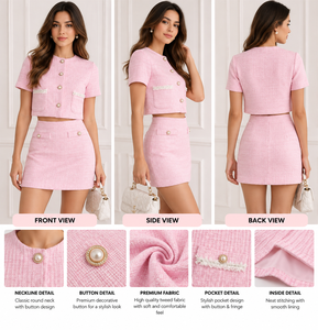 Women’s <b>2</b>-<b>Piece</b> Tweed-Style Button Front <b>Top</b> & Mini <b>Skirt</b> <b>Set</b> Pink Tweed <b>2</b> <b>Piece</b> <b>Set</b> Short Sleeve Crop <b>Top</b> Women's <b>Skirts</b> - Product Image 2