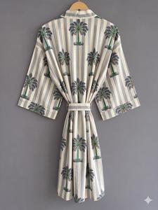 Robe Kimono Femme Imprimé Palmiers Tropicaux Coupe Ample Manches Trois-Quarts Coton Peignoir Robe d'Été Décontractée - Product Image 3