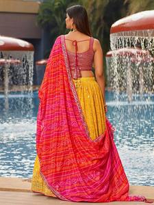 Pink and Yellow Sequin <b>Lehenga</b> Set Embroidered Blouse Crop <b>Top</b> Pleated Skirt Dupatta Wedding Festival Wear - Product Image 6
