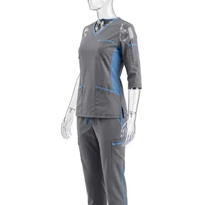 Unisex Grey <b>Blue</b> <b>Scrub</b> Set Short Sleeve Pocket Top Drawstring Pants Breathable 100% Polyester Needle Detection - Product Image 3