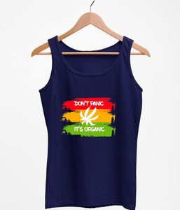 Débardeur bleu marine pour femme avec imprimé feuille de rasta « Don't Panic It's Organic » – Haut décontracté sans manches à col rond - Product Image 1