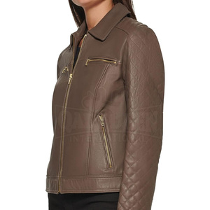 Chaqueta de Motocicleta de Cuero Sintético Verde para Mujer, Cuello Alto, Cierre de Cremallera, Hombros Acolchados, Ropa de Abrigo para Otoño - Product Image 4