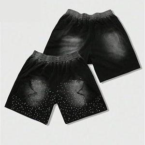 Pantalones cortos de felpa estilo streetwear, lisos, con pedrería, negros, con lavado ácido, vintage, transpirables, para venta al por mayor, para exteriores, para natación, con efecto lavado - Product Image 3