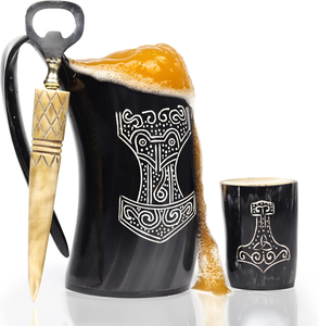Handcrafted Vikings Horn Mugs For Beer Viking Drinking Coffe Mug Ox Horn Mugs For Men 3 pcs Set Horn Mug Shot Glass Opener - Product Image 3
