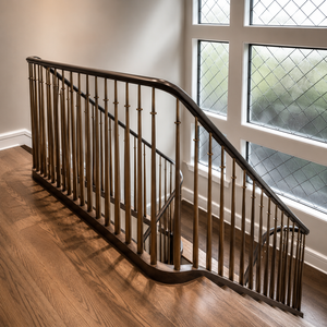 Bronze Wood Stair <b>Railing</b> With Slim Vertical Balusters Curved Indoor Handrail For Modern Home Staircase Design - Product Image 2