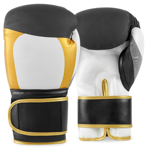 Gants de boxe en cuir noir, blanc et or avec fermeture Velcro et sangle de poignet réglable pour adultes - Product Image 6