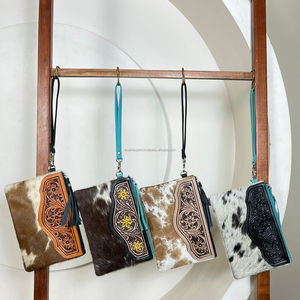 2026 Personalized Hand Tooled Leather Wristlet Clutch for Women's High Quality Genuine Hair-On Cowhide Embossed Leather <b>Wallet</b> - Product Image 4