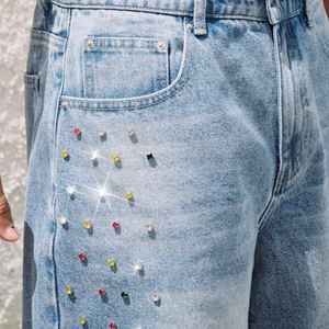 กางเกงยีนส์ขาสั้นผู้ชายผ้าฝ้าย 100% สไตล์ฮิปฮอป สีชมพูอ่อน ล้างแบบเบา ตกแต่งด้วยงานปักลายคริสตัลคุณภาพสูง ระบายอากาศได้ดี เป็นมิตรต่อสิ่งแวดล้อม - Product Image 5