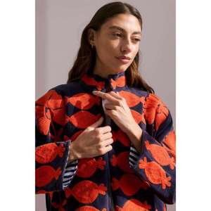 Veste vintage en coton bleu marine brodée Suzani pour femmes, chemise légère décontractée à manches longues, manteau d'hiver pour femmes - Product Image 2