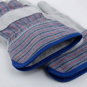 Gants de travail en cuir de vachette pleine fleur de qualité supérieure, résistants à la chaleur, avec manchette de sécurité en tissu de coton rayé et manchette caoutchoutée, usage industriel - Product Image 6