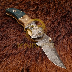 F-14 Damascus Steel Hunting <b>Knife</b> Drop Point Blade With Brass Bolster And Blue <b>Handle</b> 7 Inch Overall Lengthb - Product Image 2