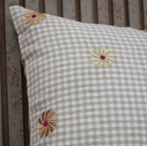Beige Gingham Check Embroidered Daisy Cushion <b>Cover</b> 100% Linen Decorative Throw Pillow Case Farmhouse Cottage Home Decor - Product Image 2