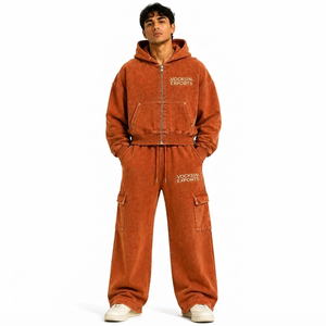 Ensemble de survêtement Vocksin Vintage pour homme, sweat à capuche zippé orange et pantalon cargo à jambe large, en molleton de coton premium, idéal pour l'hiver - Product Image 5