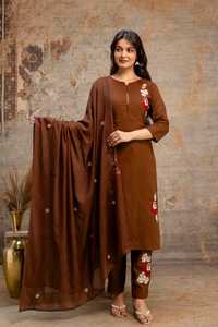 Brown Applique Embroidery Pure Cotton <b>Women</b> Salwar Kameez Set 3/4th Sleeve <b>Kurti</b> & Pant with Dupatta <b>for</b> Party Wedding - Product Image 2