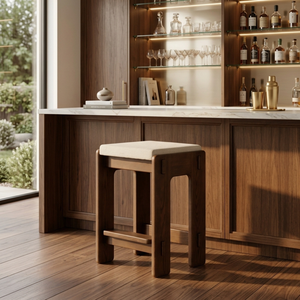 Contemporary Walnut Solid Wood Bar <b>Stool</b> with Fabric Cushion <b>Seat</b>, Minimalist Counter Height <b>Stool</b> for Kitchen Island & Home Bar - Product Image 2