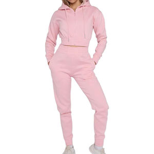 Women Pink <b>Cropped</b> Hoodie <b>Jogger</b> Pants Tracksuit Set Casual Athletic Sportswear Workout Outfit Full Length Solid Color - Product Image 1