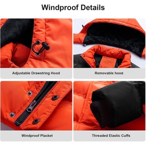 Blouson d'hiver matelassé à capuche pour homme, coupe-vent, avec blocs de couleur orange et noir, fermeture éclair, décontracté, en polyester épais, coupe régulière - Product Image 4