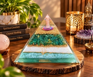 Pyramide en cristal d'orgone de jade vert, grande pierre décorative énergétique pour la prospérité, ornement d'autel Reiki, accent pour salle de méditation - Product Image 1