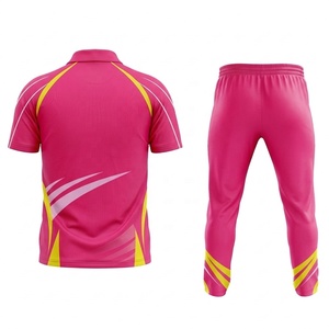 Ensemble d'uniformes de cricket rose haut de gamme personnalisés, imprimés par transfert thermique, antibactériens, 100 % polyester, avec col, maillot et pantalon long - Product Image 2
