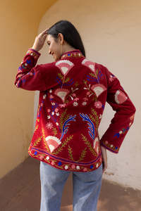 Luxurious Fusion Warmth Suzani Boho <b>Women</b> <b>Coat</b> Red Cotton <b>Velvet</b> Multicolour Floral Embroidered Ladies Jacket - Product Image 4