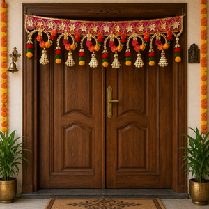 Traditional Handmade Floral Toran Door Hanging with Pearl Tassels Pink Gold Festive Bandhanwar Indian <b>Home</b> Decor Decoration - Product Image 1
