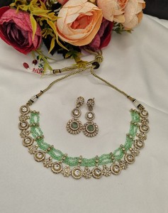 Delicate Crystal Beaded Kundan Necklace <b>Set</b> Antique Gold Plated Choker with Matching Earrings Designer Ethnic <b>Bridal</b> <b>Jewelry</b> <b>Set</b> - Product Image 5