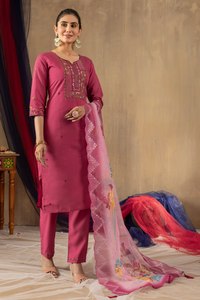 Conjunto de Kurta de Seda Romana para Mujer con Bordado a Mano y Pantalón Recto, Ropa Tradicional India - Product Image 1