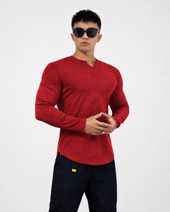 T-shirt en tricot à col en V pour homme, style automne-hiver, gris, manches longues, coupe ajustée, couleur unie, respirant, coton, logo personnalisé ODM - Product Image 4