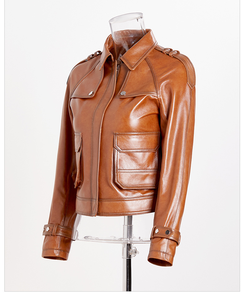 Wholesale Custom Women's Leather Trucker Jacket Brown Leather Jacket Factory Direct Low MOQ Export - Product Image 3