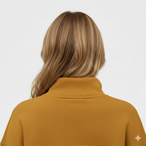 Sweat-shirt col rond en coton tricoté couleur moutarde pour femme, manches longues, couleur unie, décontracté, pour l'automne, avec poches, col montant - Product Image 6