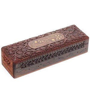 Boîte à perles de prière sculptée en bois de Sheesham avec incrustation en laiton - Artisanat artisanal en gros - Product Image 1