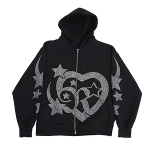 Sudadera versátil con capucha y cremallera completa, diseño de pedrería, tejido de mezcla de algodón y poliéster. - Product Image 2