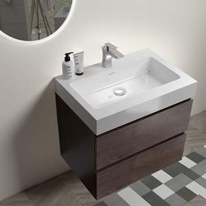 Tocador de baño flotante de nogal de 24 ", gran almacenamiento montado en la pared, lavabo moderno de una pieza, grifo de drenaje premontado - Product Image 3