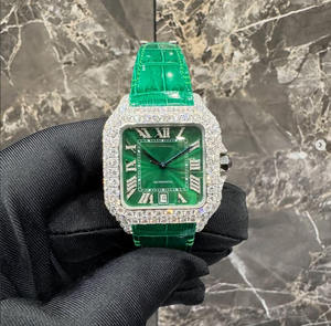 Reloj de Lujo y Moda, Estilo Unisex, Totalmente Cubierto de Diamantes y Correa de Cuero Verde de 20 mm, Puntero de Alta Calidad, Automático, con Moissanita Real - Product Image 1