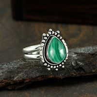 Bague en argent sterling 925 avec pierre précieuse en malachite en forme de poire, sertie clos, oxydée, style antique vintage, bijou statement occidental
