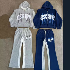 Ensemble de survêtement 100 % coton personnalisé avec broderie vieillie, effet délavé vintage et décoloré par le soleil, pour homme, deux pièces, léger, décontracté, uni - Product Image 1