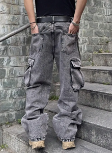 Pantalon cargo en denim délavé pour homme, taille haute, coupe ample, style streetwear, pour l'automne, en coton mi-lourd, couleur unie - Product Image 2