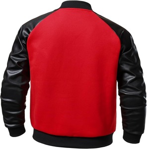 Men's <b>Red</b> <b>Varsity</b> <b>Jacket</b> <b>Black</b> PU Leather Sleeves Turn-down Collar Button Closure Casual Style Autumn Wear Regular Fit Solid - Product Image 3