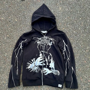 Sweat-shirt à capuche zippé noir pour homme, streetwear, imprimé graphique, coton French Terry, coupe classique, vêtements d'automne - Product Image 2