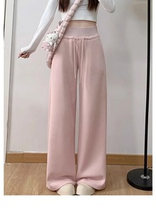Pantalones Anchos de Cintura Alta con Cordón Elástico para Mujer, Color Sólido, Corte Holgado, Largos, Negros, de Punto, Poliéster, Primavera, HOOGLE ENTERPRISES - Product Image 4