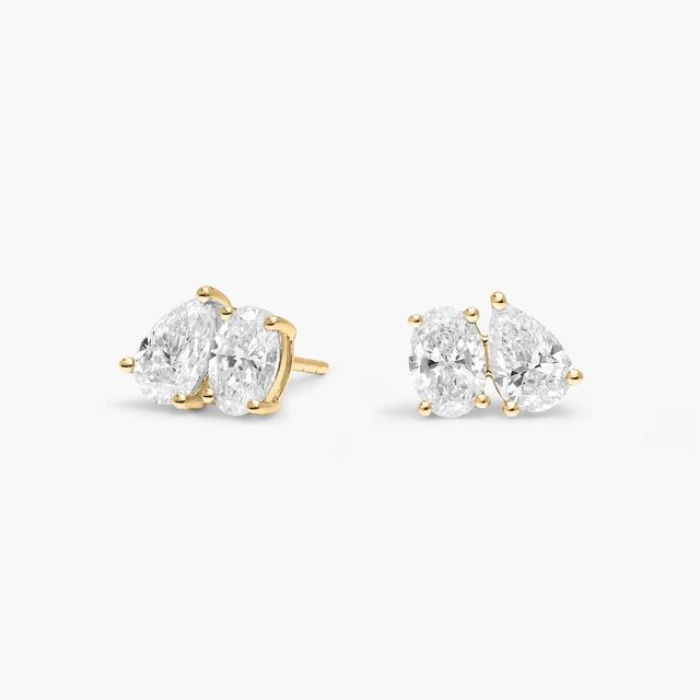 Women's 14K Yellow Gold Luxury Two Stone Oval Cut Lab Grown Filled Diamond Stud Earrings