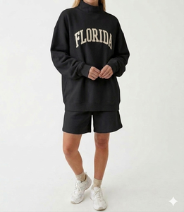 Women's White Florida Print Mockneck Sweatshirt And Shorts <b>Set</b> Casual Loose Fit Two Piece Outfit Spring Summer Wear - Product Image 2