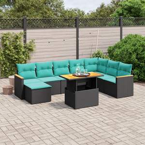 Juego de sofás de patio de ratán sintético negro de 9 piezas con cojines, muebles elegantes para exteriores - Product Image 1