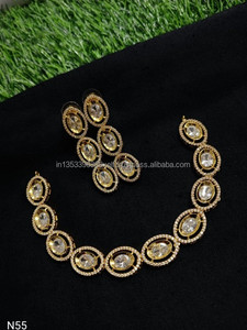 Classic American Ethnic Diamond Brass Bridal Jewelry <b>Set</b> Two-Piece <b>Necklace</b> and Earrings Antique <b>Silver</b> Plated for Wedding Party - Product Image 4