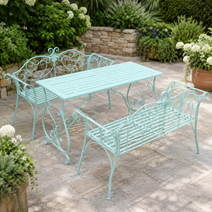 Ensemble de salle à manger de jardin en fer forgé vert menthe avec table à lattes et bancs ornés pour mobilier de patio extérieur - Product Image 4